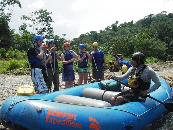 Rafting guide giving a safety talk to the Tequila Team on the Misahuallí River, Ecuador