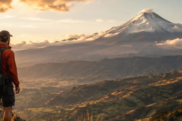 Independent traveler overlooking the Ecuadorian Andes with a snow-capped volcano in golden light