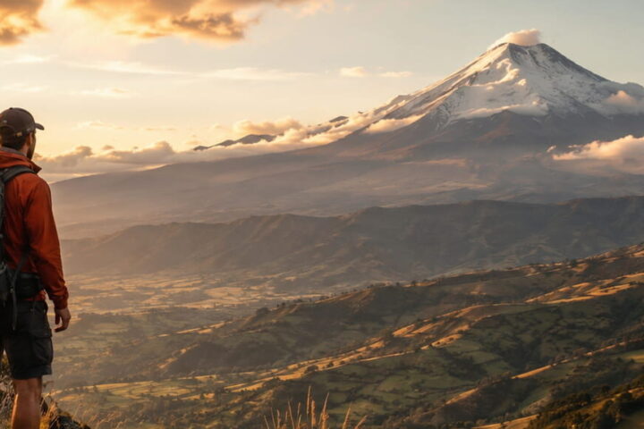 Independent traveler overlooking the Ecuadorian Andes with a snow-capped volcano in golden light