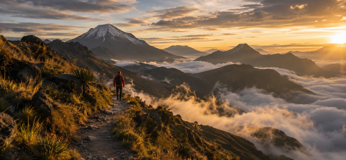 Traveler walking through the Ecuadorian Andes at sunrise, representing discipline, connection, mindfulness, and purpose with Barefoot Expeditions.