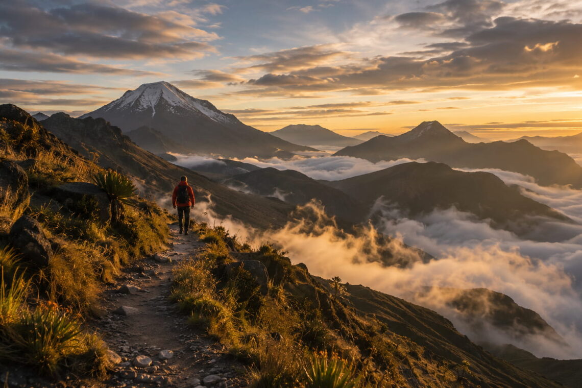 Traveler walking through the Ecuadorian Andes at sunrise, representing discipline, connection, mindfulness, and purpose with Barefoot Expeditions.