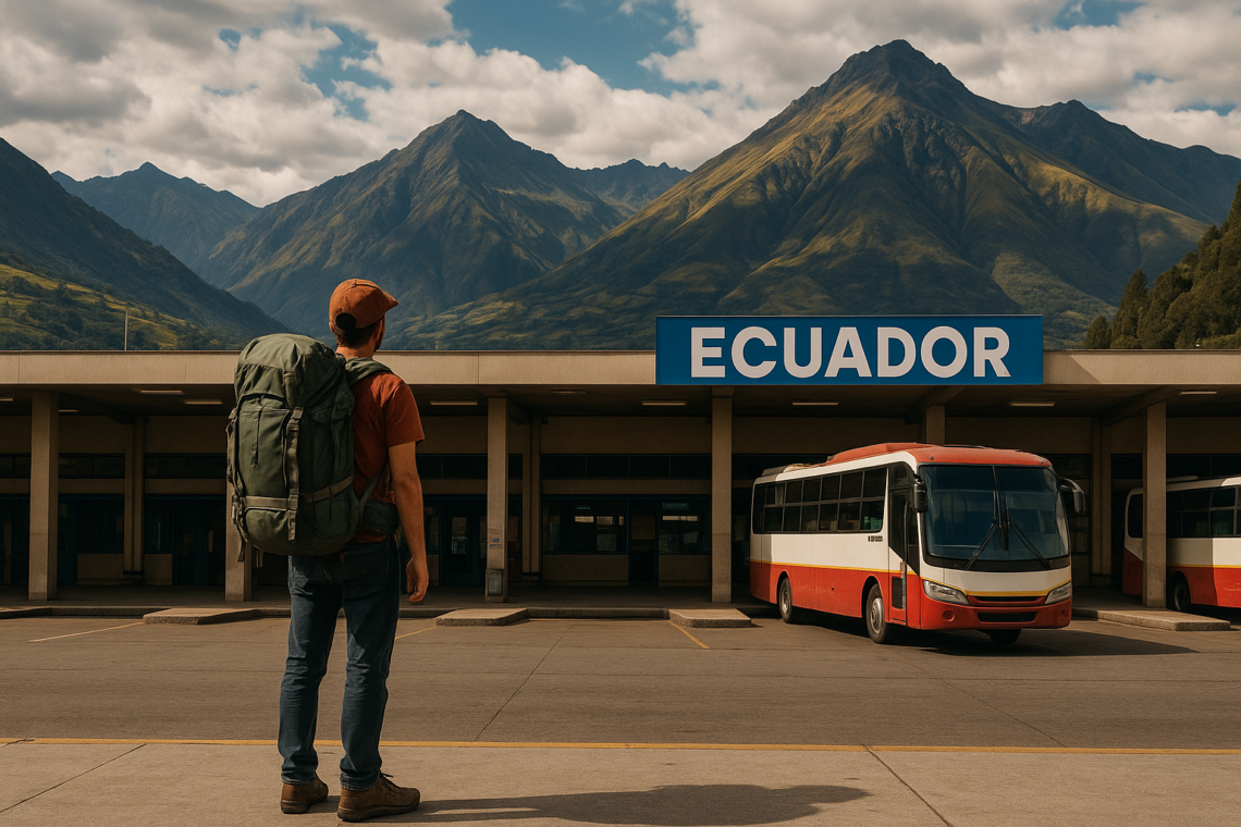 solo backpacker waiting at Ecuador bus terminal with Andes mountains in background