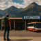 solo backpacker waiting at Ecuador bus terminal with Andes mountains in background