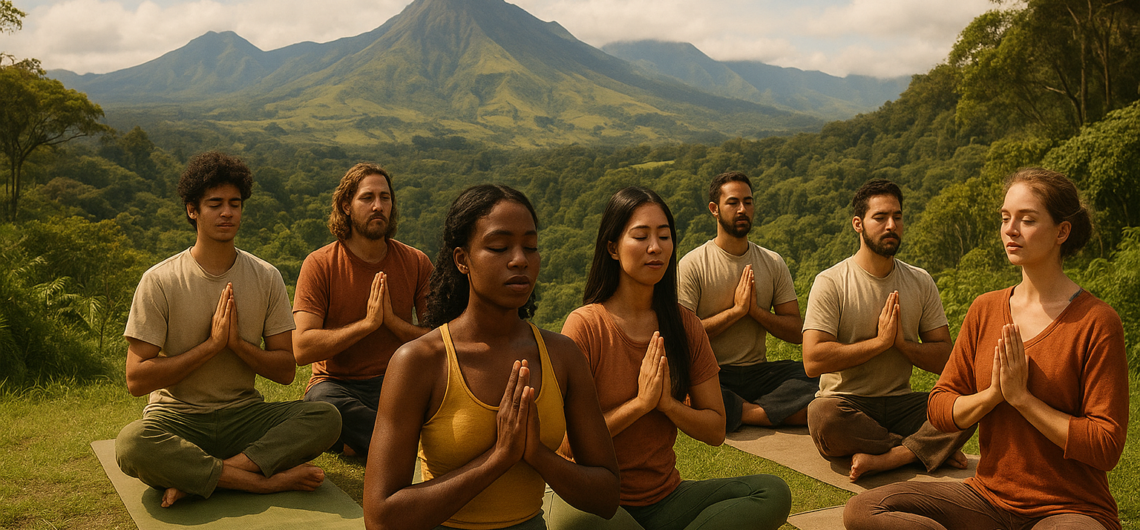 Group of people practicing yoga in the Andean mountains during a wellness retreat in Ecuador, connecting with nature for collective healing.