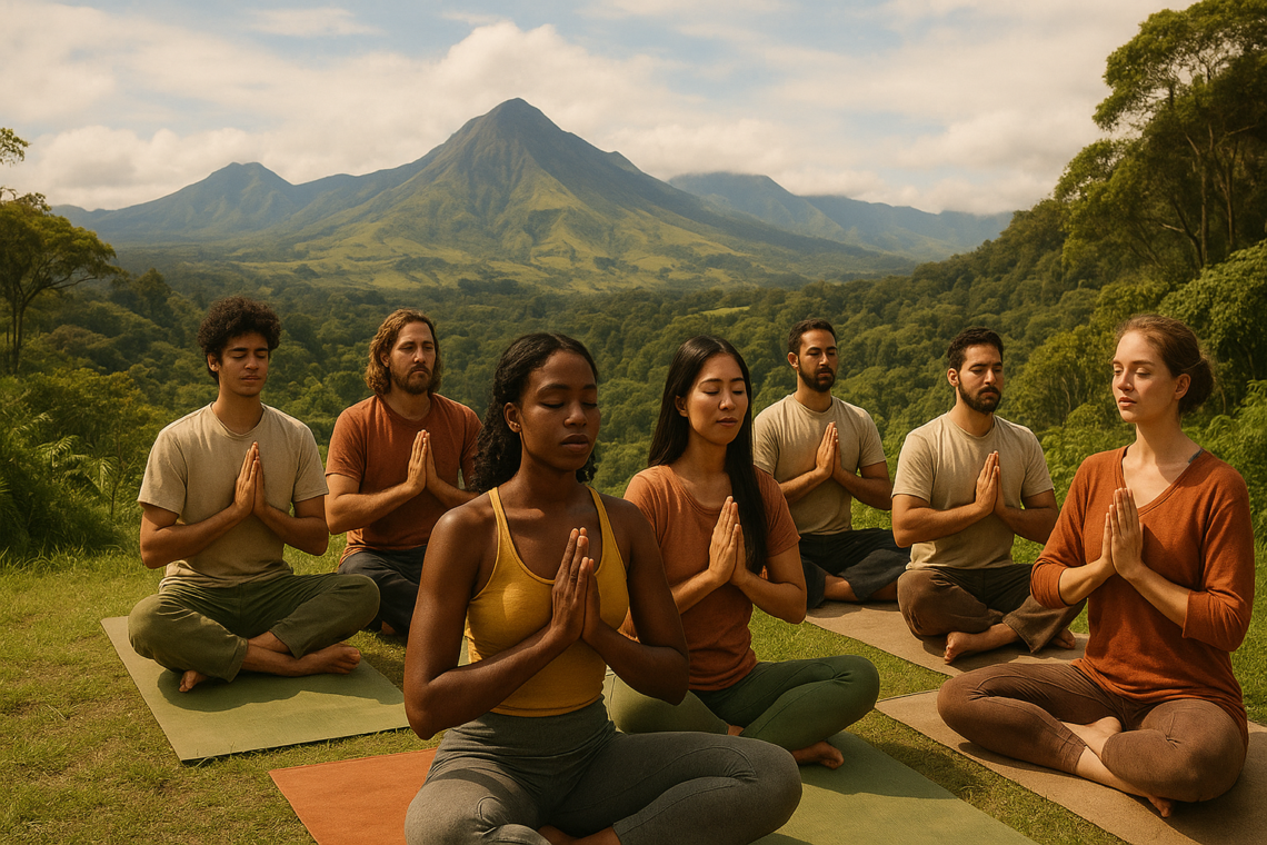 Group of people practicing yoga in the Andean mountains during a wellness retreat in Ecuador, connecting with nature for collective healing.