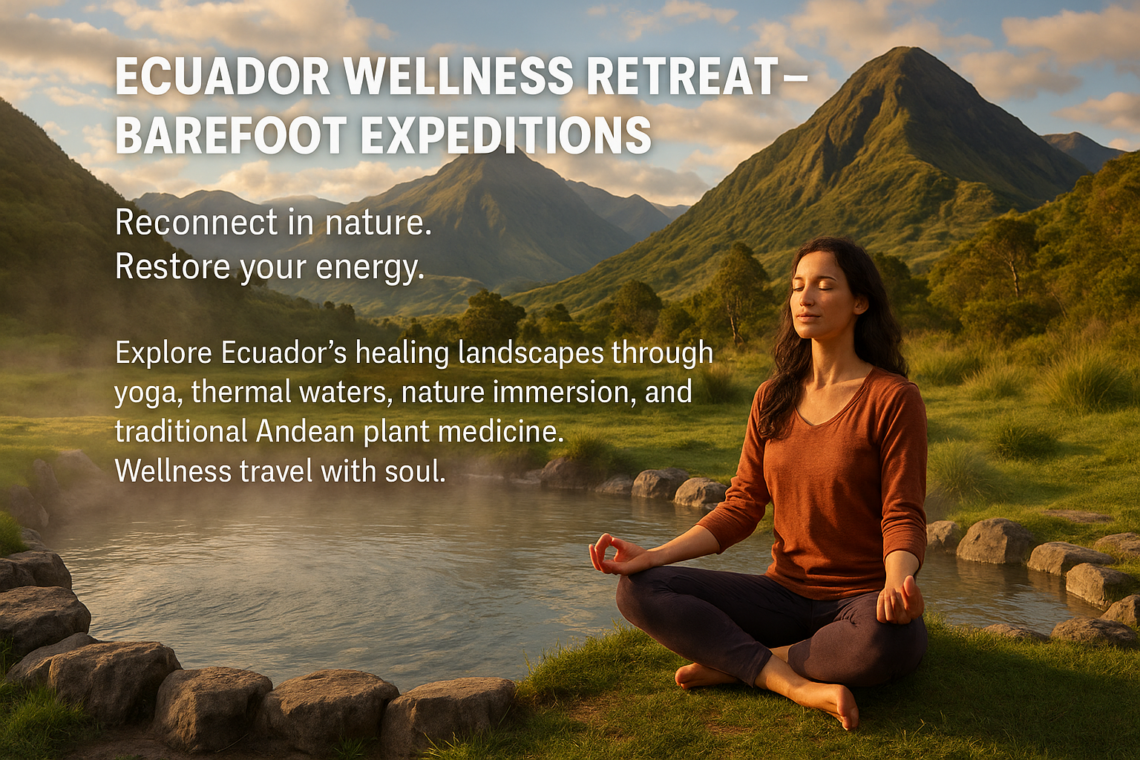 Woman meditating in Ecuadorian hot springs with mountains in the background.