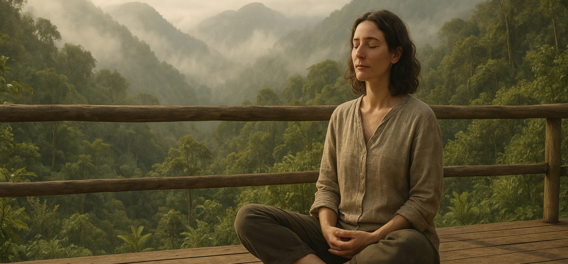 Person meditating outdoors in the Ecuadorian Andes during a digital detox retreat