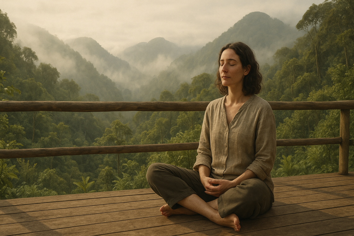 Person meditating outdoors in the Ecuadorian Andes during a digital detox retreat