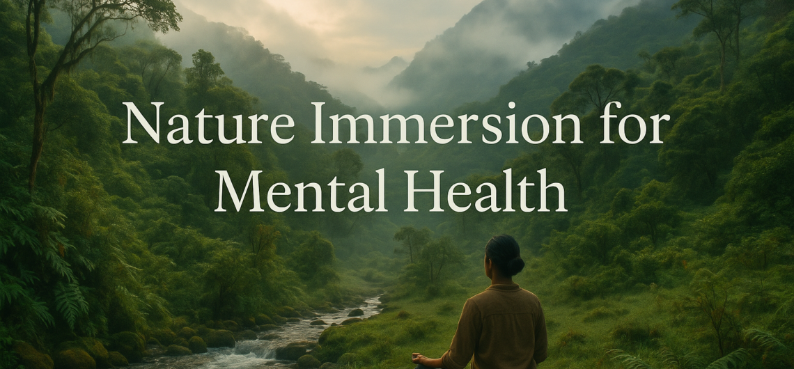 Person meditating in Ecuador’s cloud forest, surrounded by lush greenery and misty mountains, symbolizing nature immersion and stress relief.