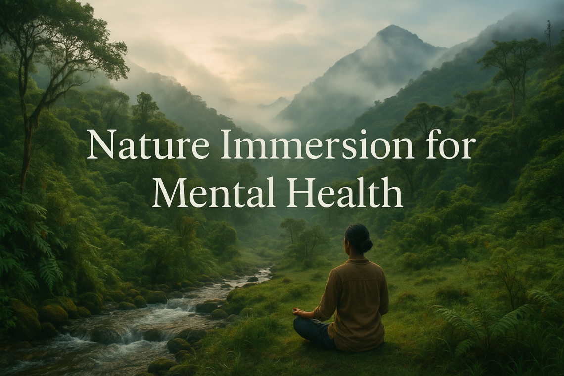 Person meditating in Ecuador’s cloud forest, surrounded by lush greenery and misty mountains, symbolizing nature immersion and stress relief.