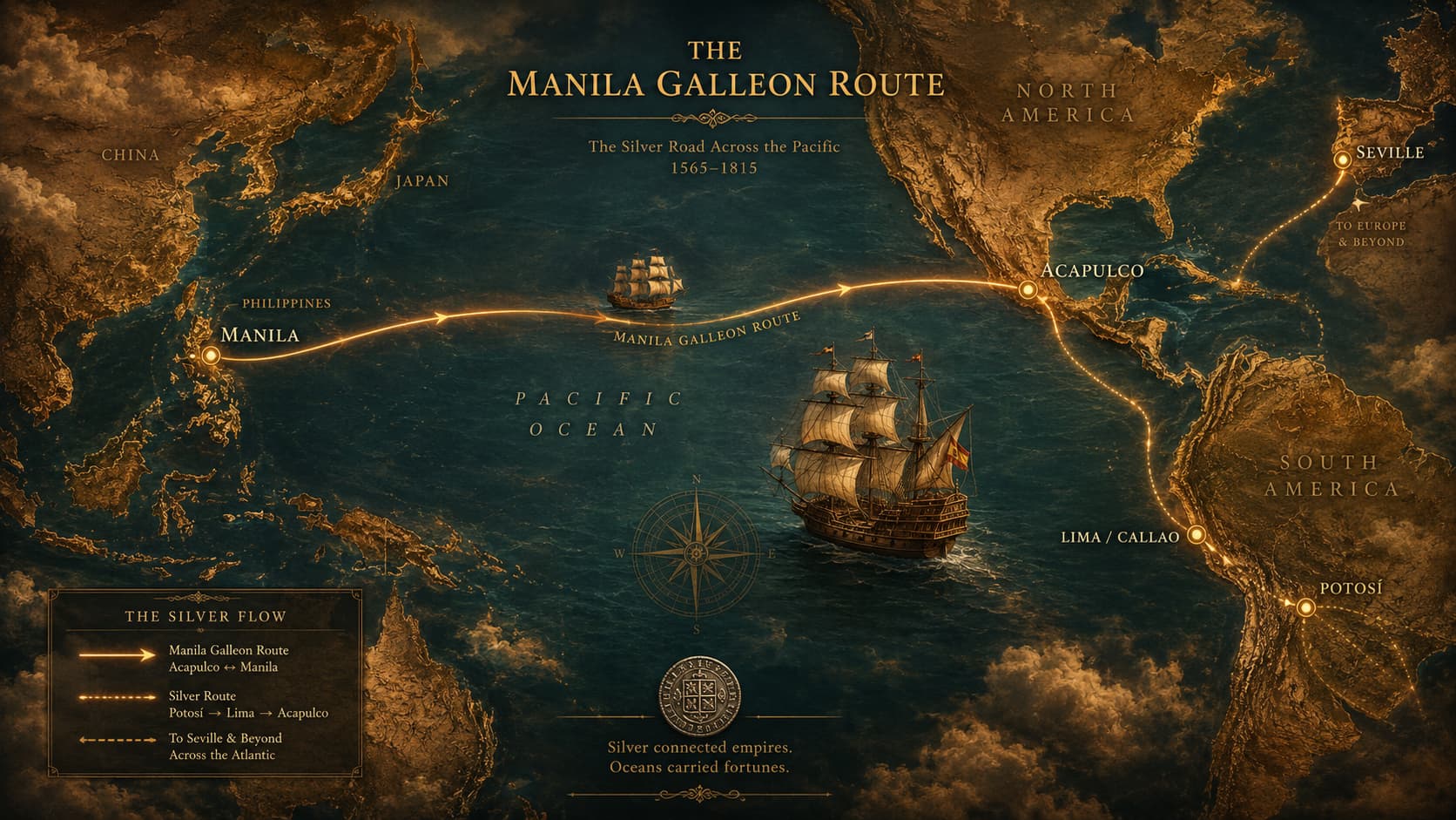 Cinematic map of the Manila Galleon Route showing silver trade connections from Potosí and Lima to Acapulco, Manila, and onward to Europe