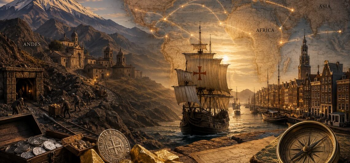 Cinematic illustration of American gold and silver trade routes from the Andes to Europe and Asia