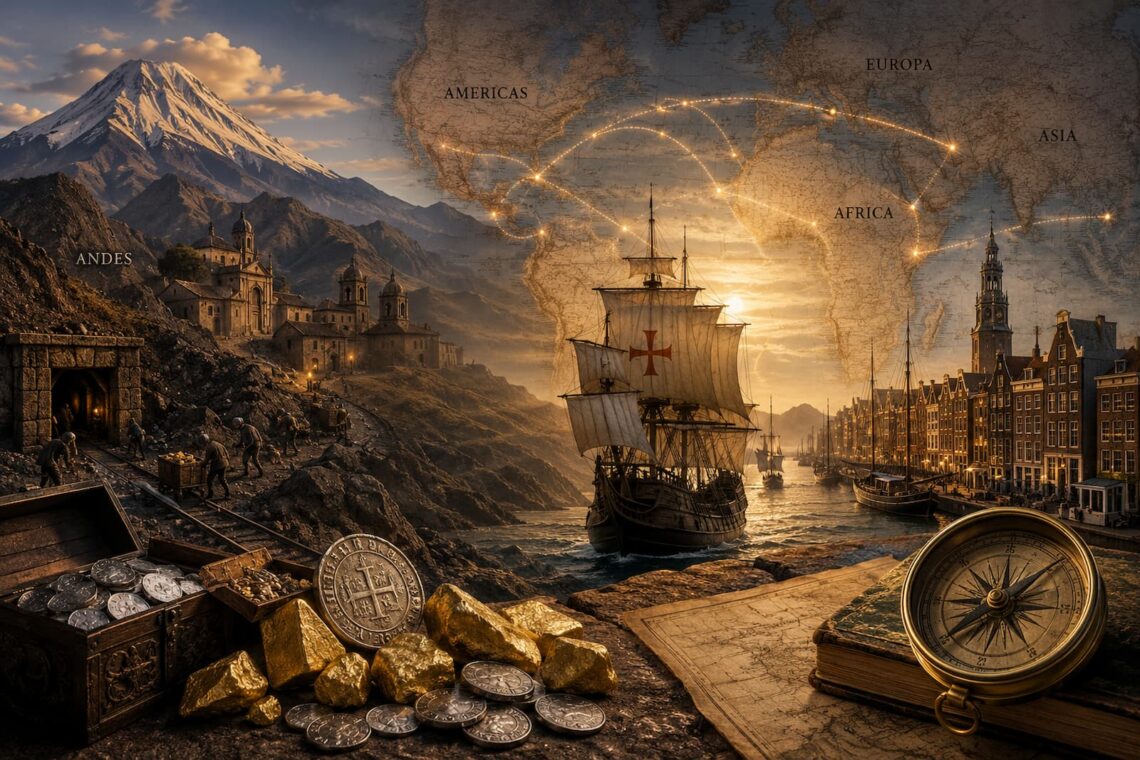 Cinematic illustration of American gold and silver trade routes from the Andes to Europe and Asia