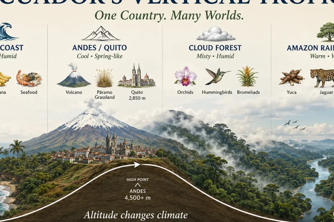Ecuador vertical tropics infographic showing how altitude shapes climate from the Pacific Coast to the Andes, cloud forest, and Amazon Rainforest